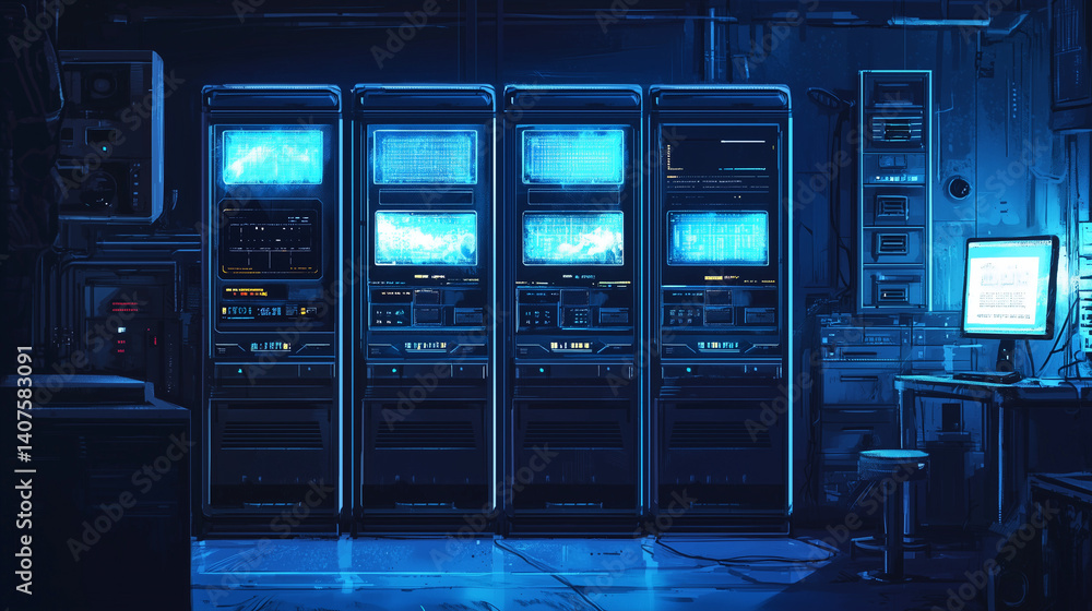 High-tech server room with glowing blue screens, digital data displays, and advanced computing equipment in a dark control center. High-tech server room with glowing blue screens, digital data displays, and advanced computing equipment in a dark control center.