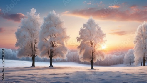 A picturesque snowy landscape with sparkling frosted trees and a soft winter sunset. An ideal wallpaper for seasonal promotions, holiday ads, or creating a warm, festive vibe for winter