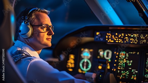 Focused airline pilot in an advanced cockpit at night showcasing aviation technology and dedication : Generative AI