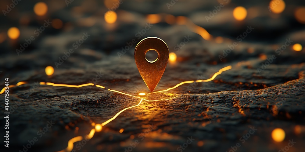 Glowing golden location pin positioned on textured surface signifies importance of navigation and connectivity in modern travel : Generative AI