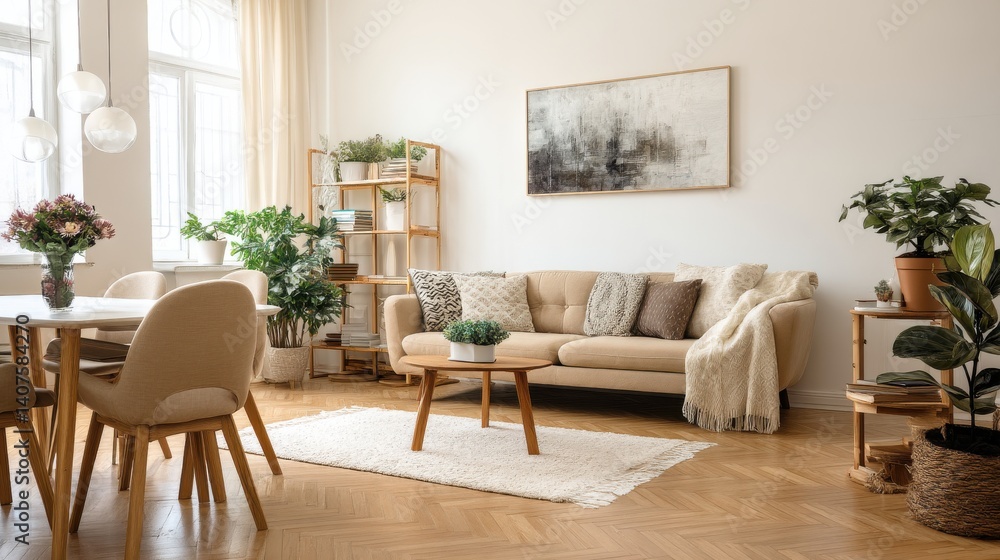 Fototapeta premium Beige couch in a bright living room