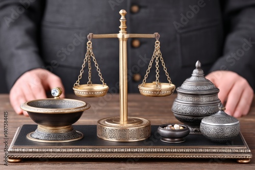 A judge holding an empty scale surrounded by cultural artifacts
