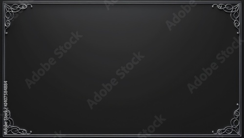 Dark gray frame with silver border. Ornate silver scrolls in corners. Simple rectangular panel. Decorative elegant background for text or image