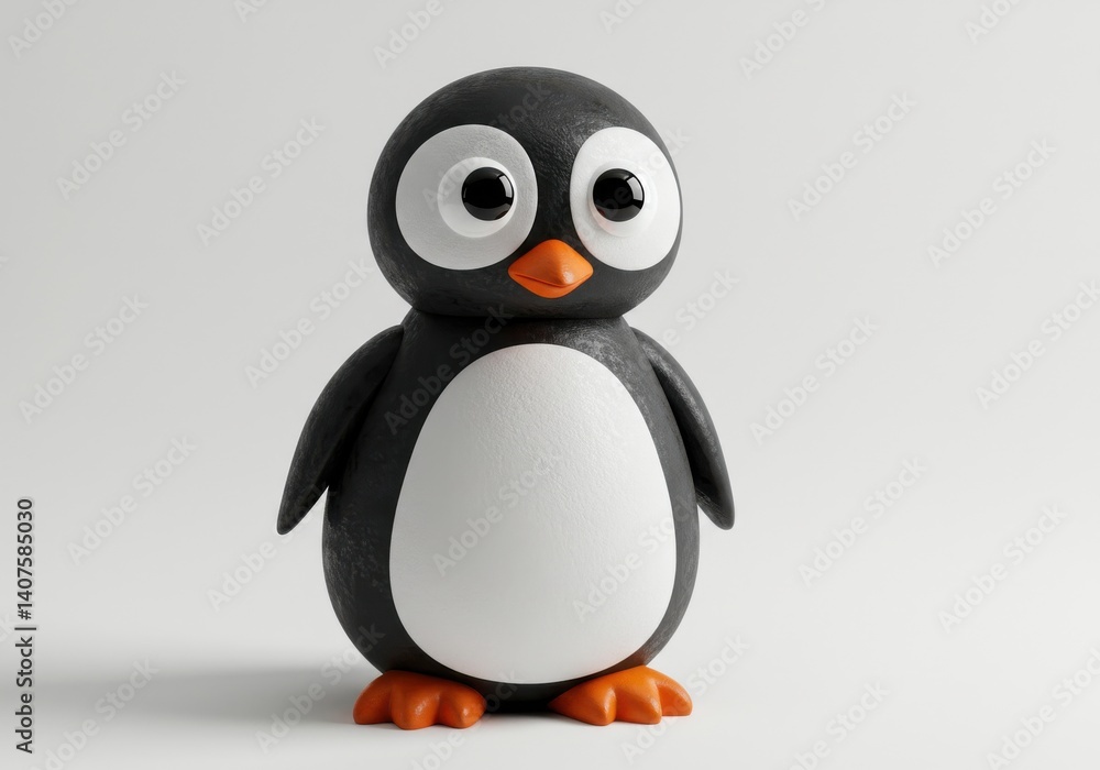 Fototapeta premium A cute penguin figurine with big eyes stands on a white background in a studio setting looking forward