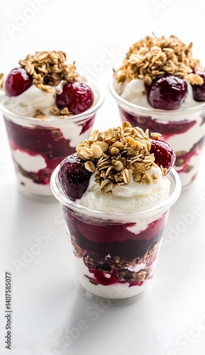 Delightful cherry yogurt parfaits topped with granola served in clear cups perfect for dessert lovers : Generative AI