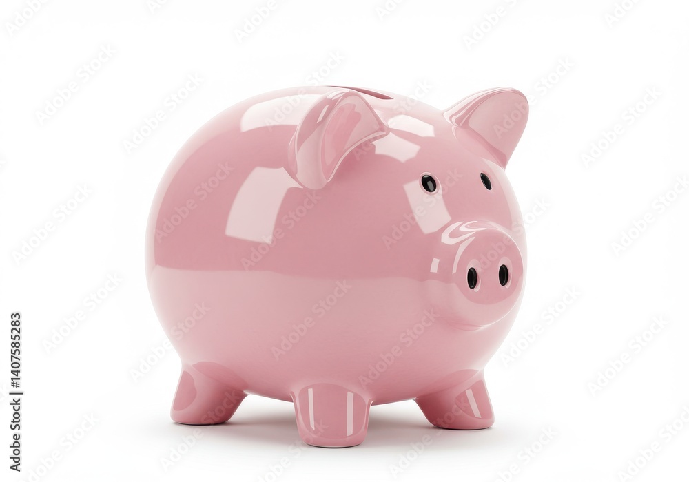 Obraz premium A pink piggy bank with a coin slot on its back standing on a white surface in a studio setting