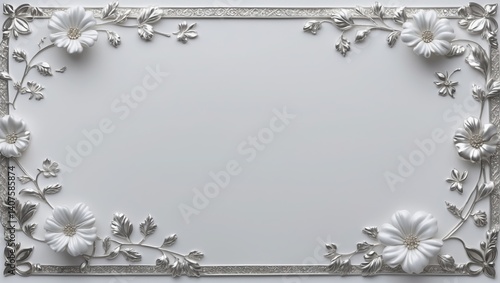White flowers frame. Silver petals and leaves around blank space. Floral decoration on all four sides with plant stems and foliage elements.