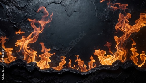 Orange fire flames on black rock background. Blazing fire border against rough dark stone surface. Abstract fire pattern.