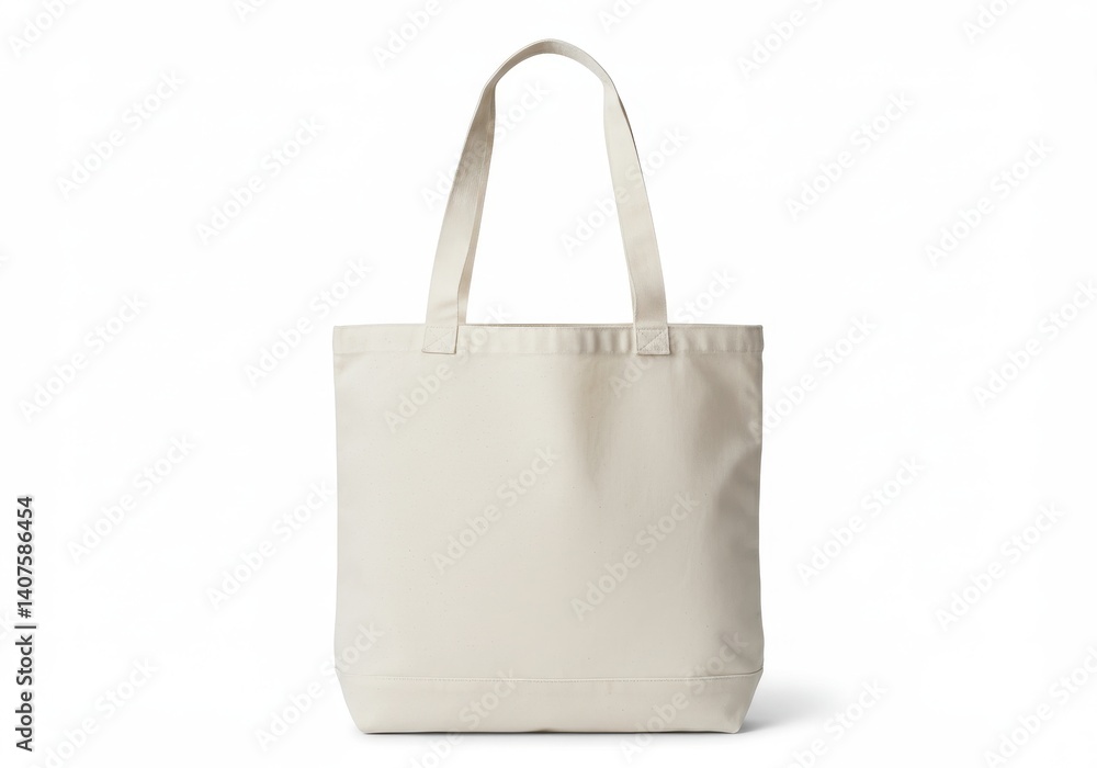 A simple cream colored tote bag with handles standing upright on a white background plain and empty A simple cream colored tote bag with handles standing upright on a white background plain and empty