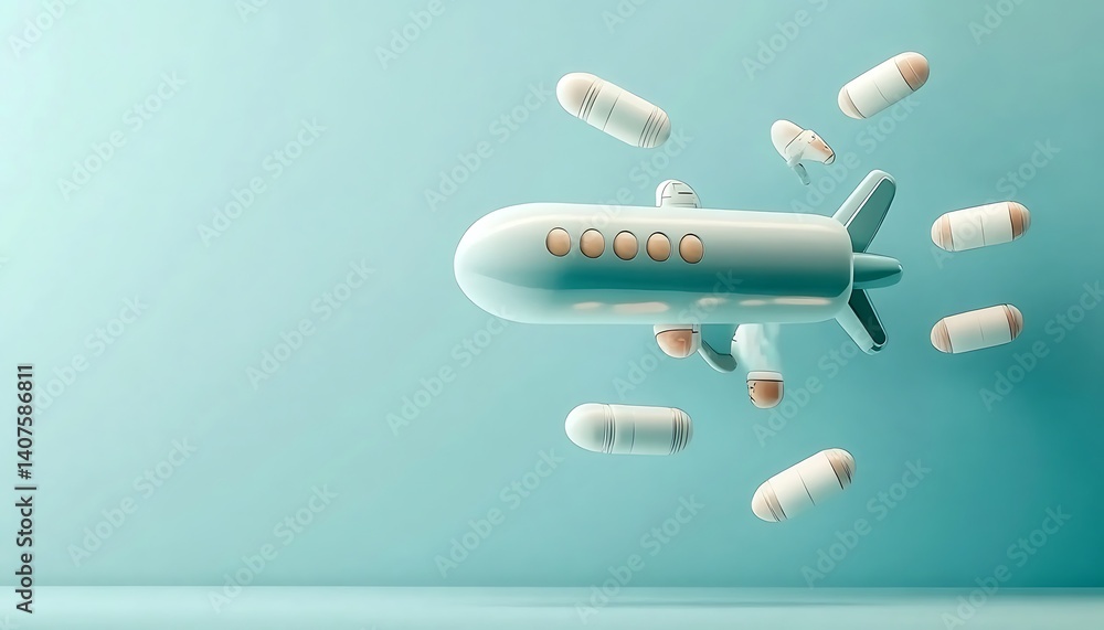 Fototapeta premium A whimsical illustration of a capsule-shaped aircraft surrounded by smaller capsules, set against a soft blue background. 