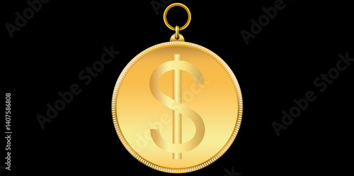 Glossy Gold Pendant With Dollar Sign On Black Background, Dollar Currency Vector Illustration.	