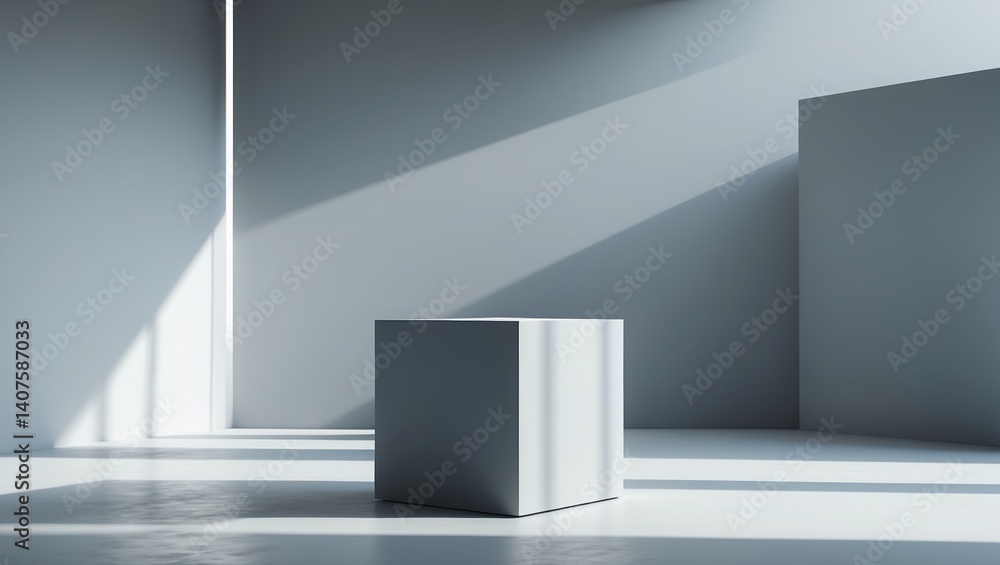 Fototapeta premium White cube stands alone inside room. Sunlight streams across floor and walls creating shadows. Minimalist geometric shapes present light and space.