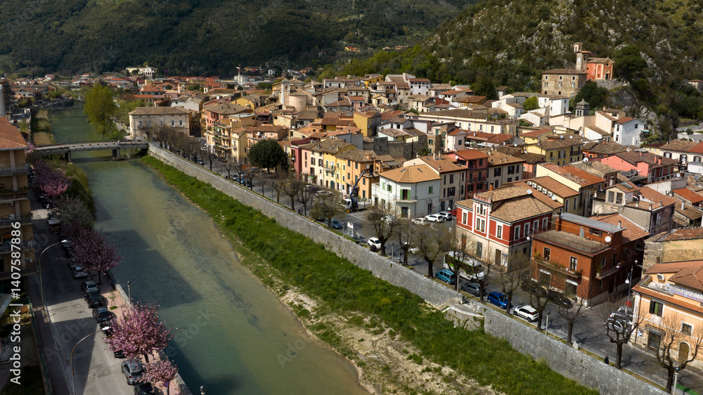Aerial view of the historic center of Sora, built on the banks of the Liri river. It is a town in Lazio, Italy, in the province of Frosinone.