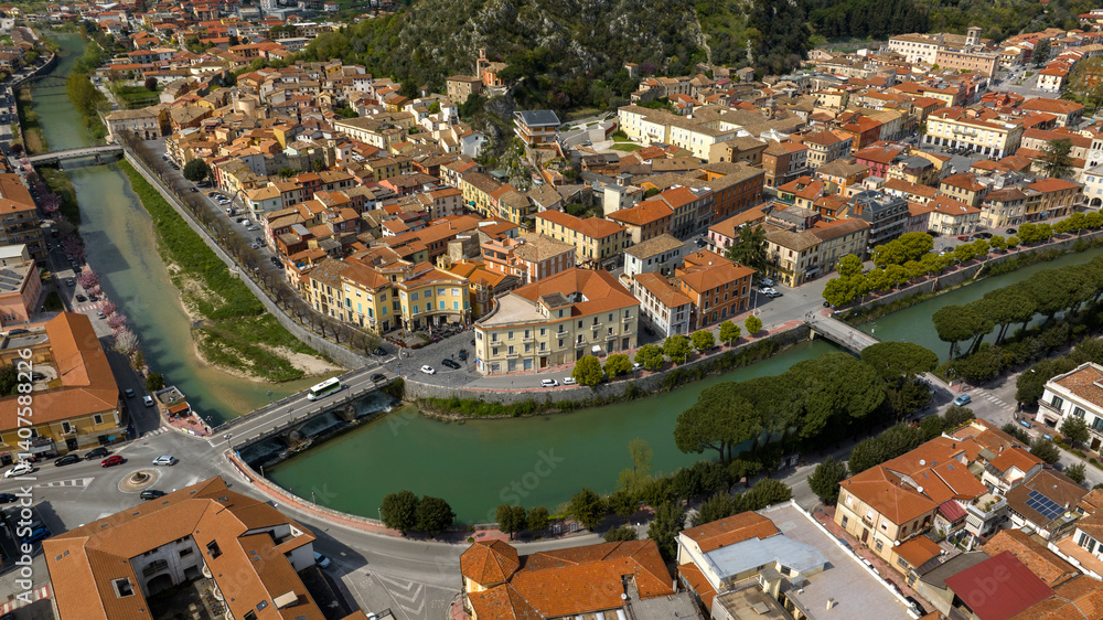 Aerial view of the historic center of Sora, built on the banks of the Liri river. It is a town in Lazio, Italy, in the province of Frosinone.