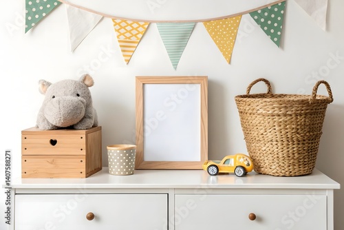 The modern scandinavian newborn baby room with mock up photo frame, wooden car, plush rhino and clouds. Hanging cotton flags and white stars. Minimalistic and cozy interior with white walls.Real photo