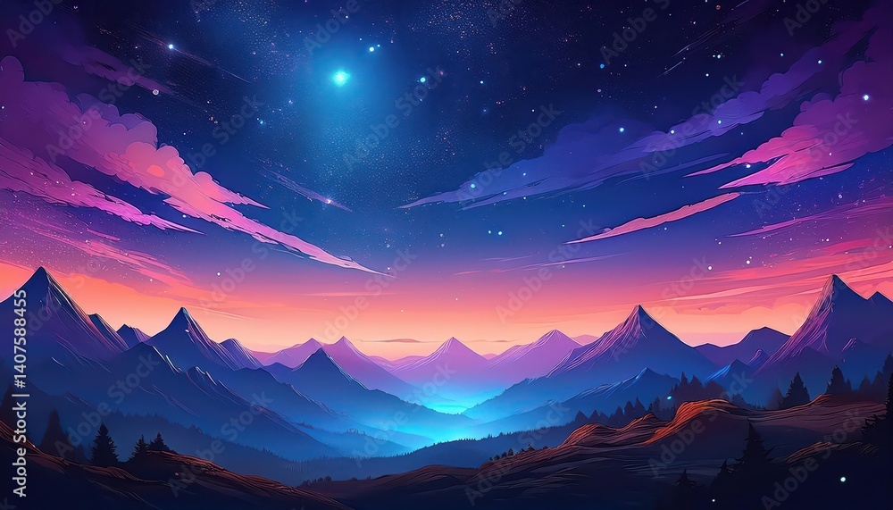 Nighttime Mystique Vivid Mountain Range Under a Gradient Sky Filled with Starry Constellations and Glowing Mist, Radiating an Enigmatic Aura of Calm and Wonder. Nighttime Mystique Vivid Mountain Range Under a Gradient Sky Filled with Starry Constellations and Glowing Mist, Radiating an Enigmatic Aura of Calm and Wonder.