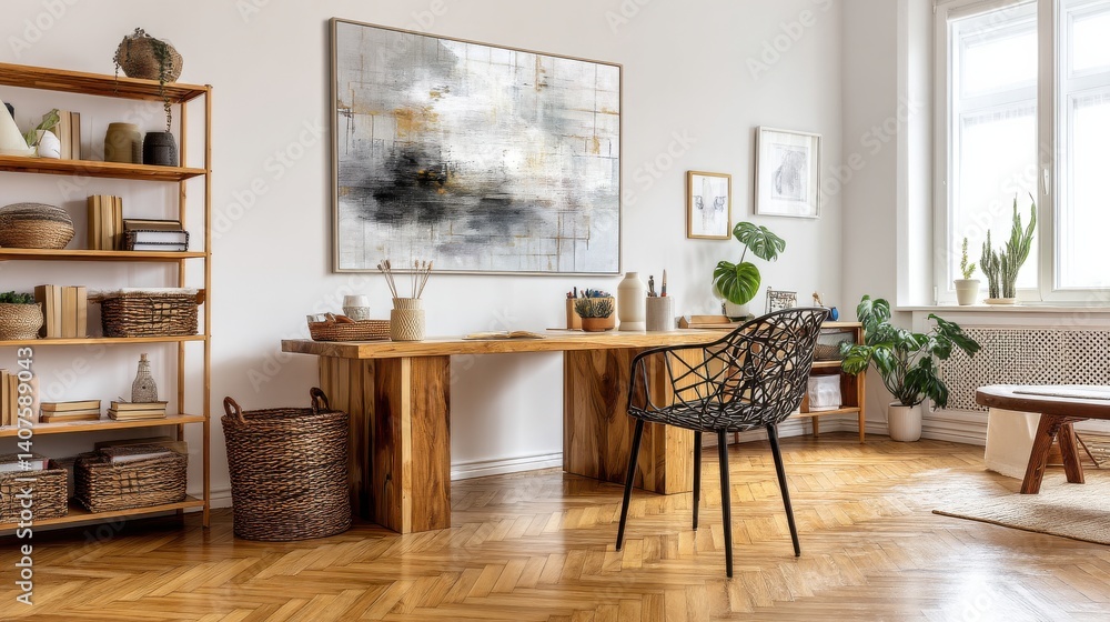 Fototapeta premium Home office with wooden desk and chair.