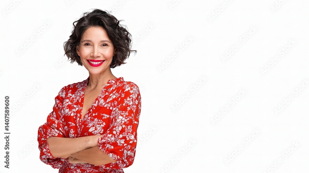 Joyful Hispanic Middle Aged Woman with Bright Lip Color Smiling Joyful Hispanic Middle Aged Woman with Bright Lip Color Smiling