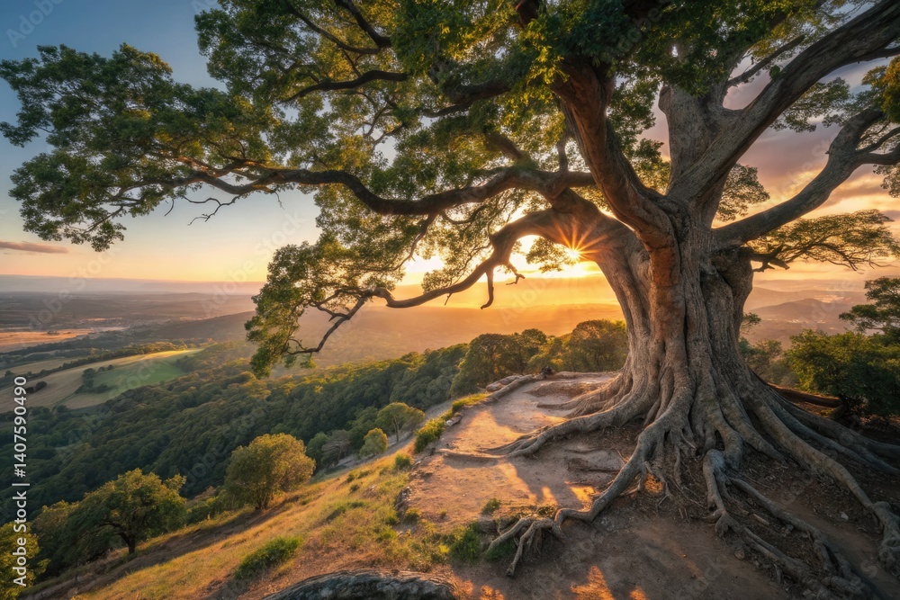 Drone captures sunrise illuminating a majestic ancient tree, sunlight piercing leaves and roots. Drone captures sunrise illuminating a majestic ancient tree, sunlight piercing leaves and roots.