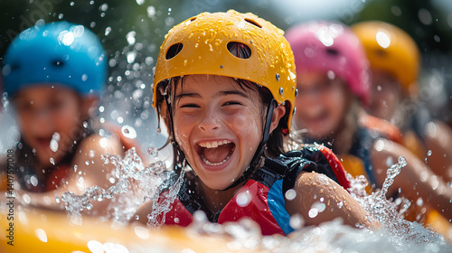 Children enjoy splashing water while rafting during a summer camp activity at a riverside location
