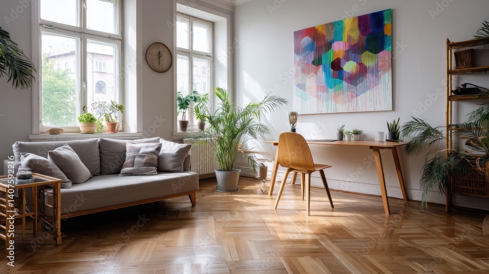 Fototapeta premium Bright living room with hardwood floors, comfy couch, and large artwork.