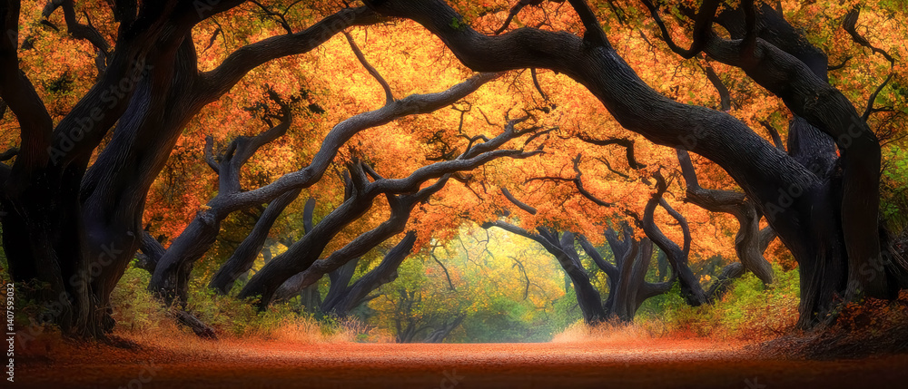 Naklejka premium [Autumn forest path under natural archway] Autumnal Archway Pathways Leads to Enchanted Woodscape With Golden Hues.