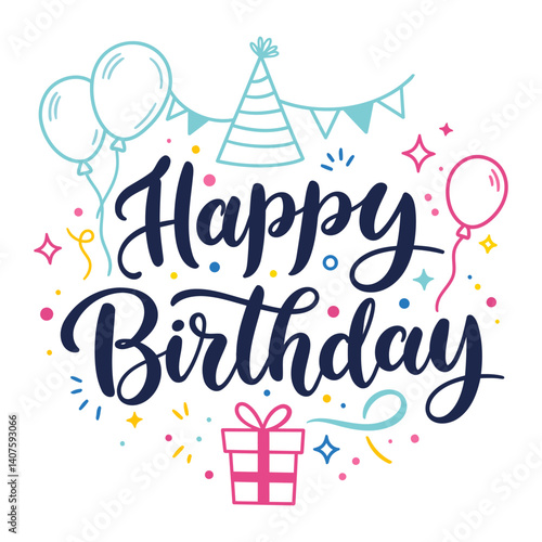 Happy Birthday Celebration Festive Design with Balloons, Party Hat, and Gift