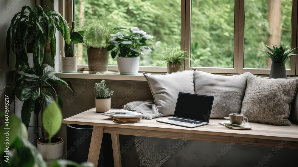 Fototapeta premium photograph home office with laptop