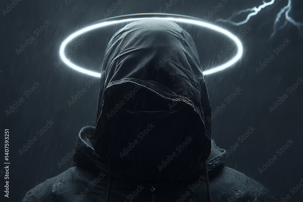 Fototapeta premium hooded figure with glowing halo in a dark, stormy night