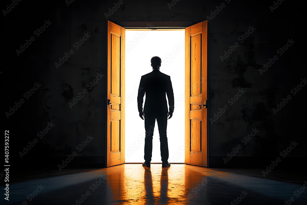 Fototapeta premium Silhouette of a man standing in front of an open door with bright light.