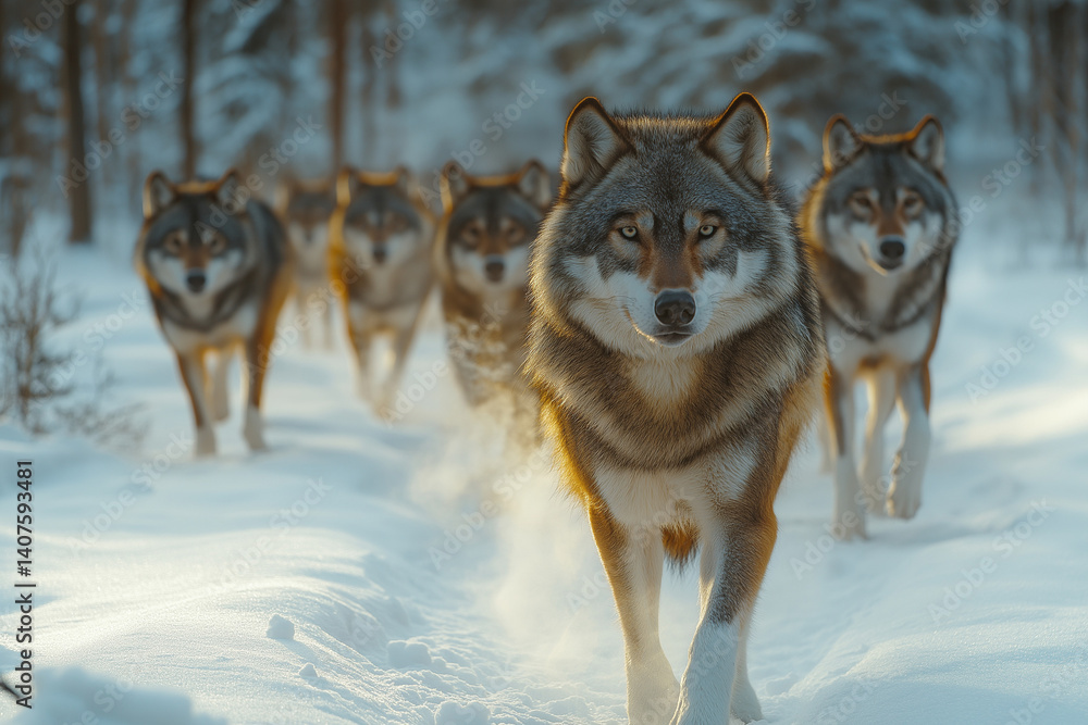Naklejka premium Majestic wolf pack prowling through a snowy winter forest at sunrise, showing gray, brown, and white fur, evoking feelings of wildness and freedom