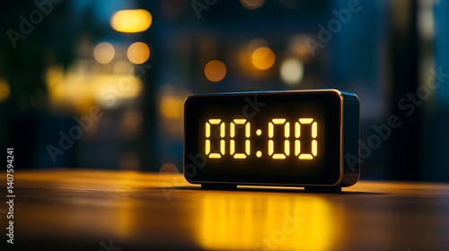 Modern Digital Clock Displaying Zero Minutes at Night Time with Ambient Background Lights : Generative AI