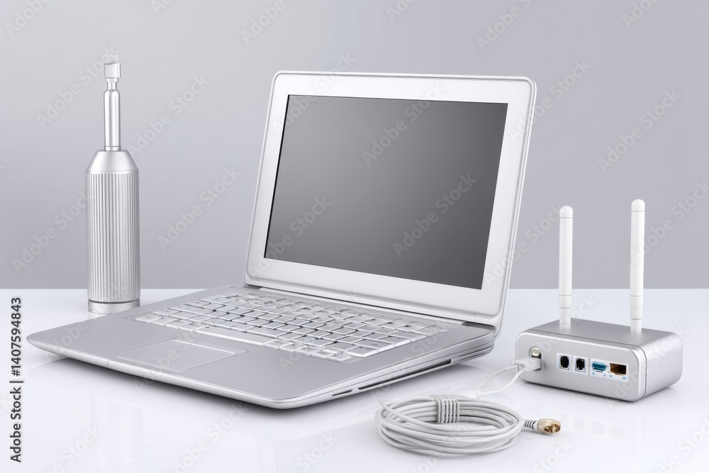 Fototapeta premium Hacker monitoring Wi-Fi traffic using a USB adapter and custom antenna