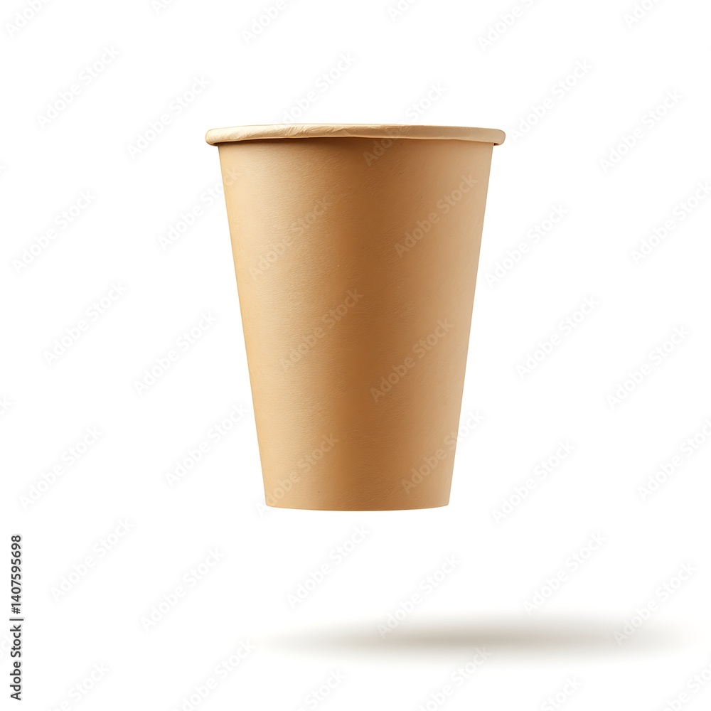 A brown paper cup floating in the air, white background A brown paper cup floating in the air, white background