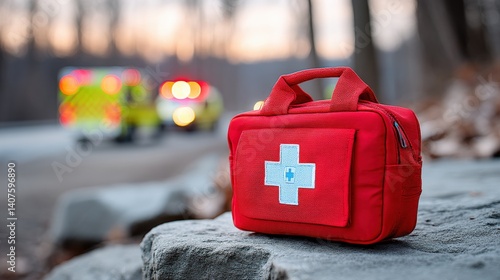 A bright red first aid kit rests on a rock, with emergency vehicles blurred in the background, suggesting a scene of urgency and readiness.