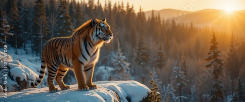 Golden Tiger at Sunset: A Majestic Winter Scene