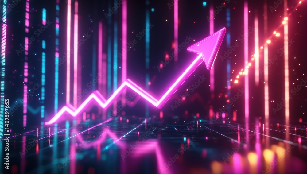 Neon upward arrow graph against abstract blue and pink vertical light streaks. Neon upward arrow graph against abstract blue and pink vertical light streaks.