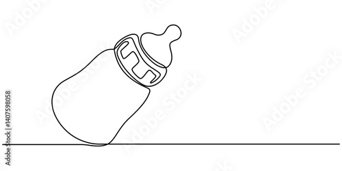 Continuous one line drawing of baby feeding bottle. Baby drink bottle with love outline vector illustration. Editable stroke, Continuous one line drawing of baby bottle pacifier. One line drawing.