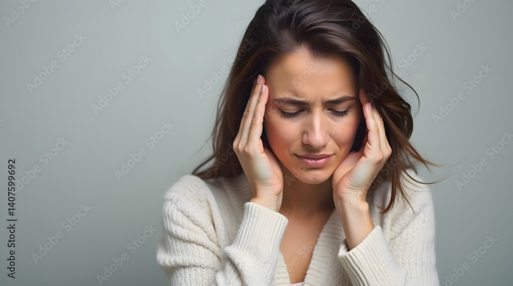 Young Caucasian Woman Experiencing Headache Holding Temples in Pain Young Caucasian Woman Experiencing Headache Holding Temples in Pain