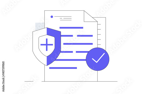 Health medical insurance paper document form or healthcare risk protection claim with approved checkmark. Flat Cartoon Vector Illustration, icon. Stylish abstract design landing page