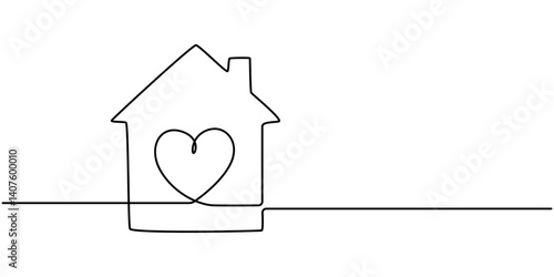 Home Sweet Home Continuous Line Icon, Heart inside house continuous one line drawn. Love home concept. Vector illustration isolated on white, Home Sweet Home Continuous Line Icon, Home with heart line