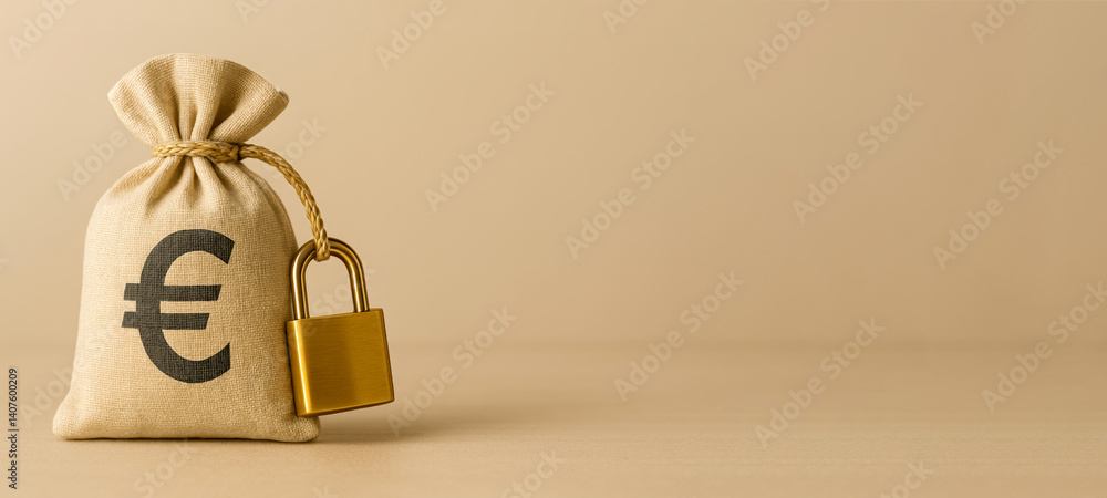 Bag with the euro symbol, locked. Financial protection, savings security, investment security and economic stability.