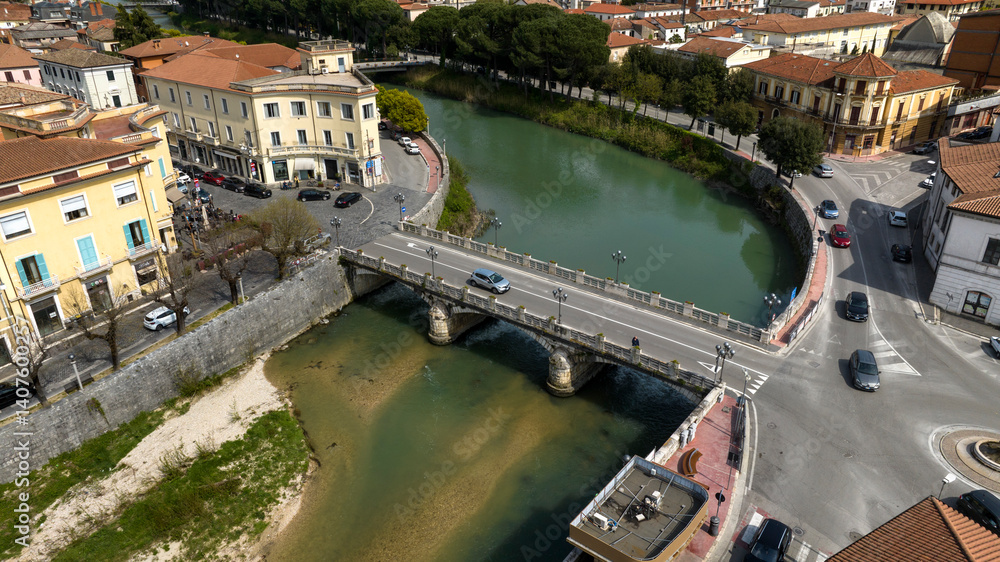 Aerial view of a bridge over the Liri river in Sora, a town Lazio, Italy, in the province of Frosinone.