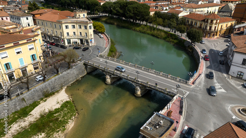 Obraz na płótnie Aerial view of a bridge over the Liri river in Sora, a town Lazio, Italy, in the province of Frosinone. w salonie