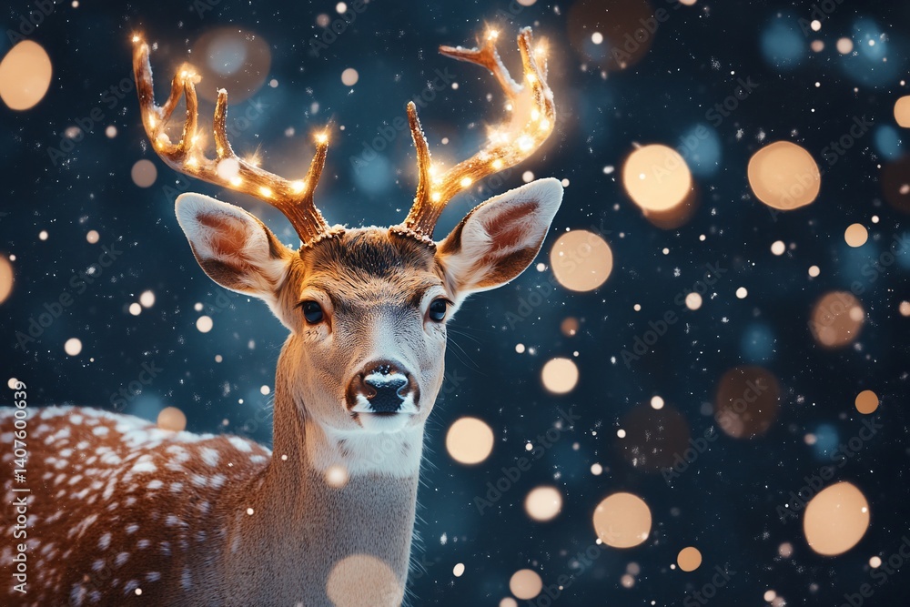Deer with Christmas lights, snowy night, festive Deer with Christmas lights, snowy night, festive
