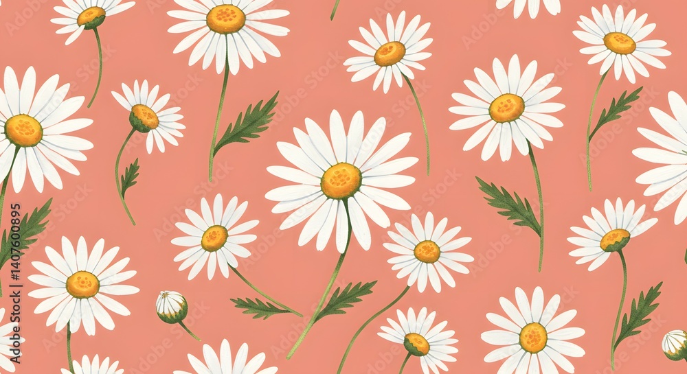 Obraz premium Hand-Painted Watercolor Daisy Flower Pattern on Coral Background for Fresh Design.