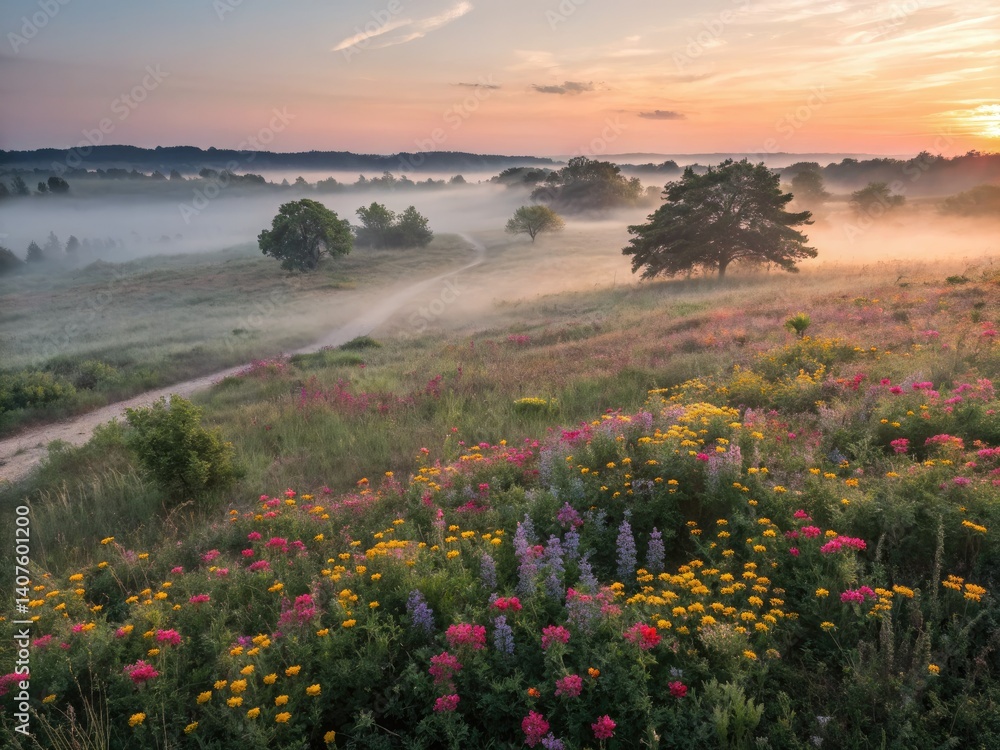 Obraz premium Drone's eye view: a sunrise paints a foggy wildflower field in ethereal beauty.