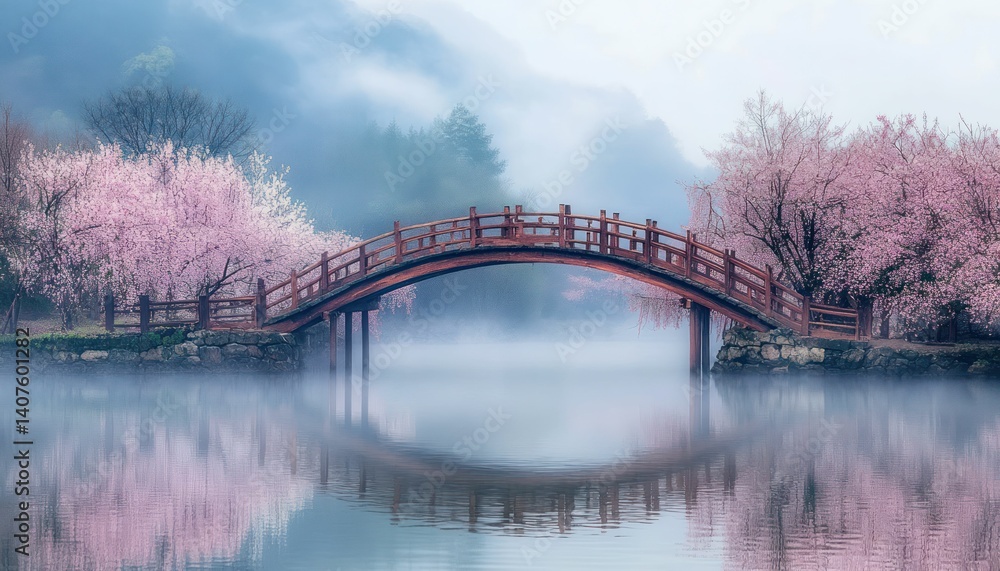 Obraz premium Enchanting landscape featuring an arched bridge shrouded in mist and blooming cherry trees