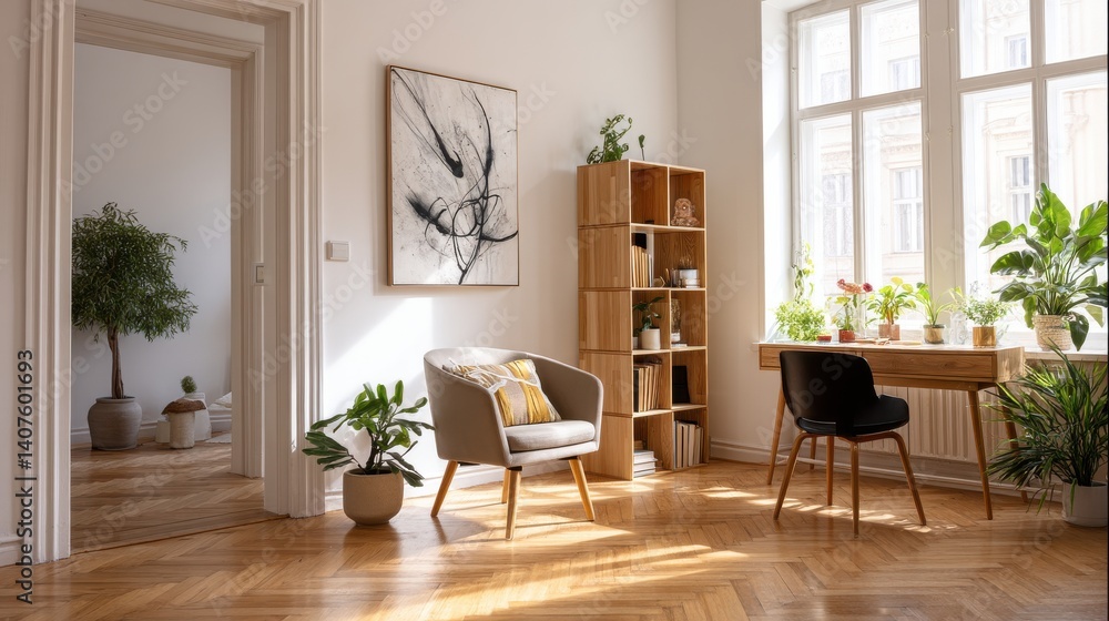 Fototapeta premium Bright living room with armchair, bookshelf, and plants.