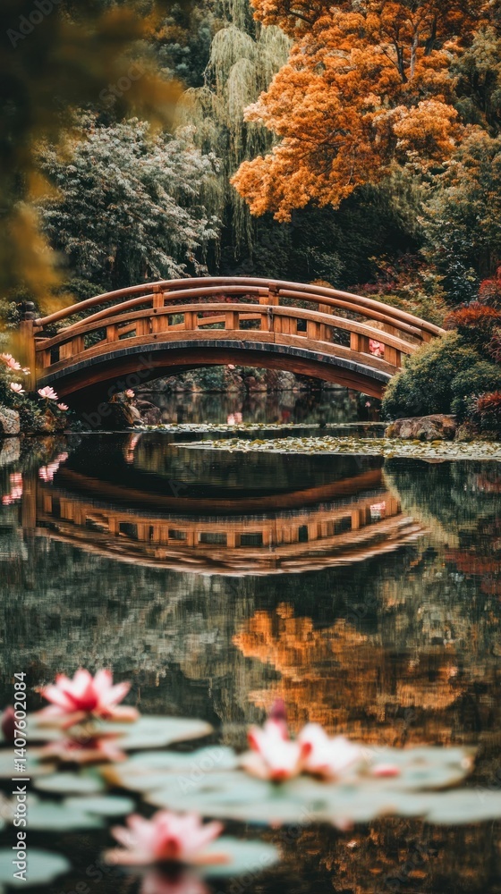 Obraz premium Tranquil waters mirroring the Japanese bridge amidst autumn foliage in the garden